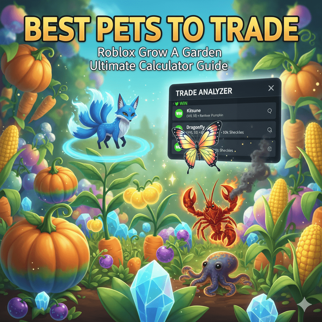 Best Pets to Trade in Roblox Grow a Garden guide featured image with Kitsune, Lobster, and a trade analyzer showing pet values.